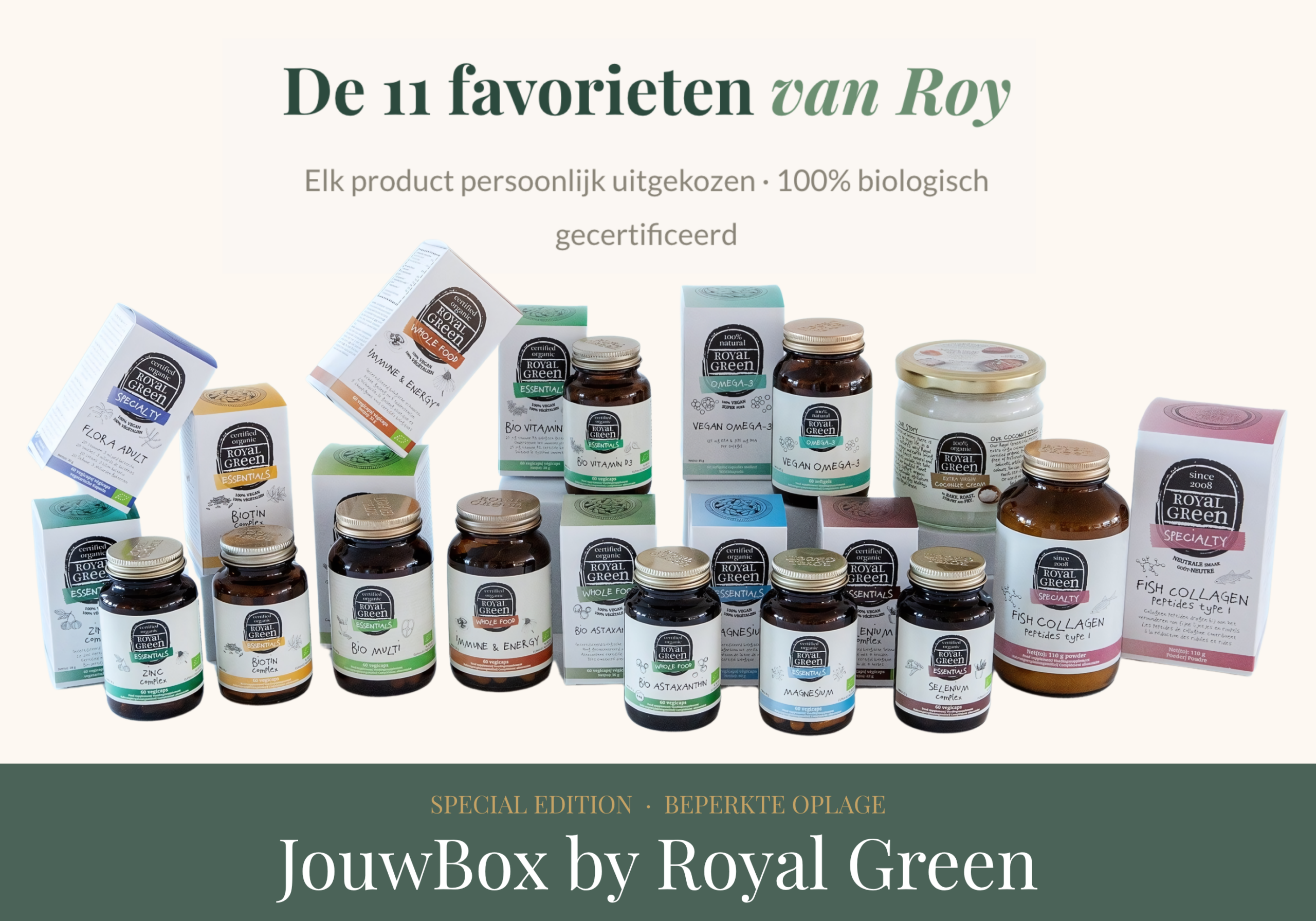 Alle 11 biologische supplementen in de JouwBox by Royal Green